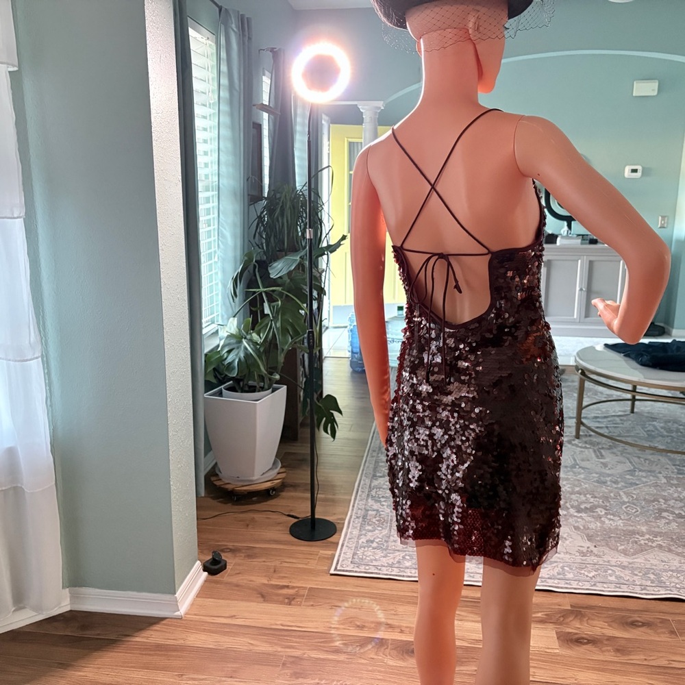 Burgundy Sequin Mini Dress - Sparkle Cocktail Party Dress |Size XXS - Picture 6 of 9
